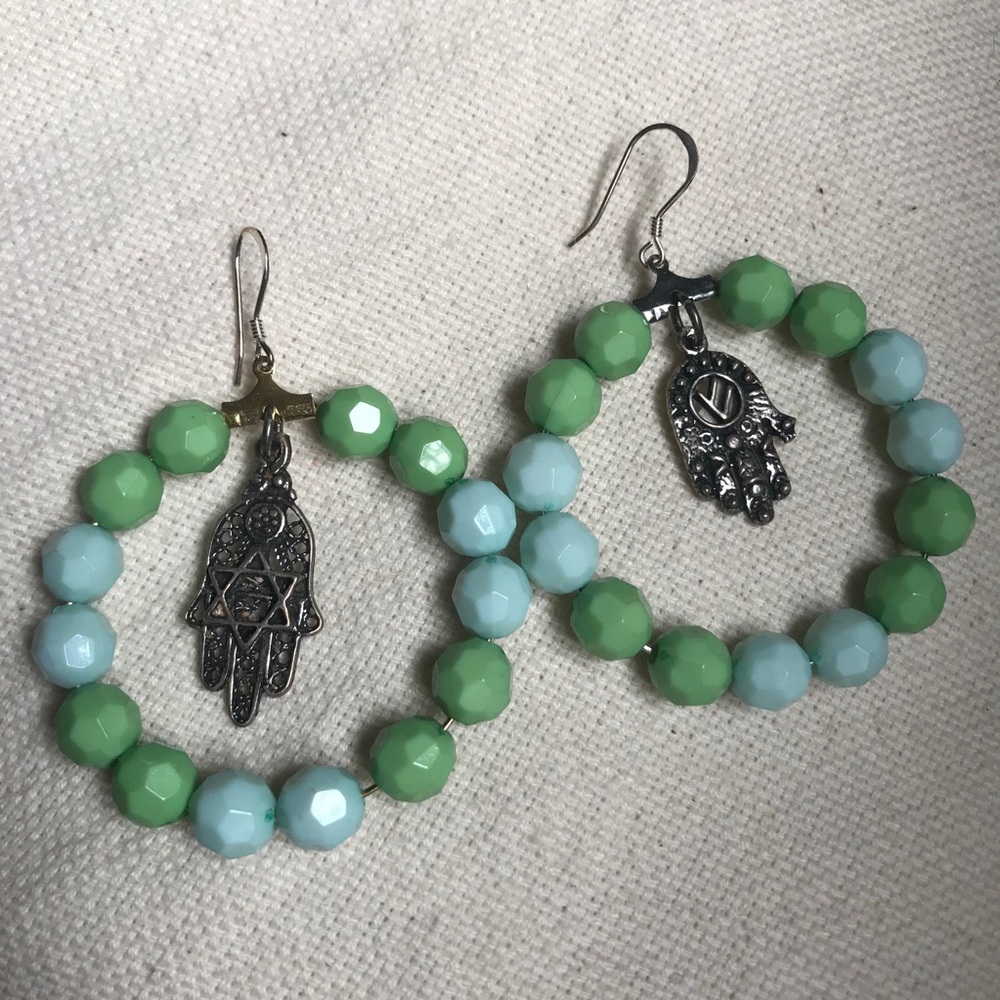 Hamsa Jewish Star Green Beaded Hoop Earrings